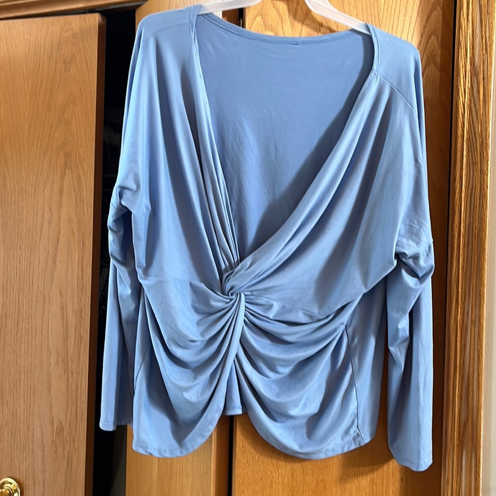 Shein women’s powder blue cardigan with tied knot in front.